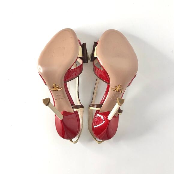 Prada S2012 Flame Red Patent Leather Bow Hotrod Strappy Heeled Sandals 36.5 - Picture 6 of 9